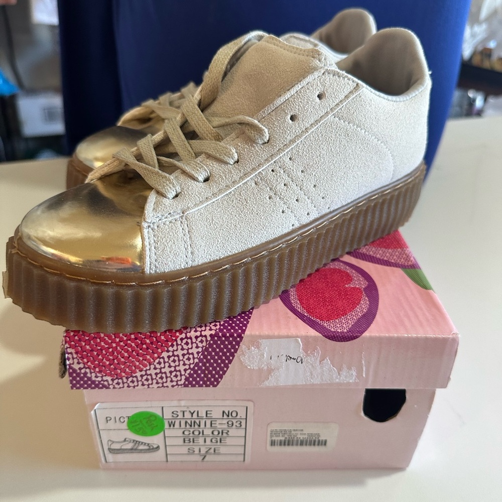 Stylish Beige Kids Shoes with Gold Accents